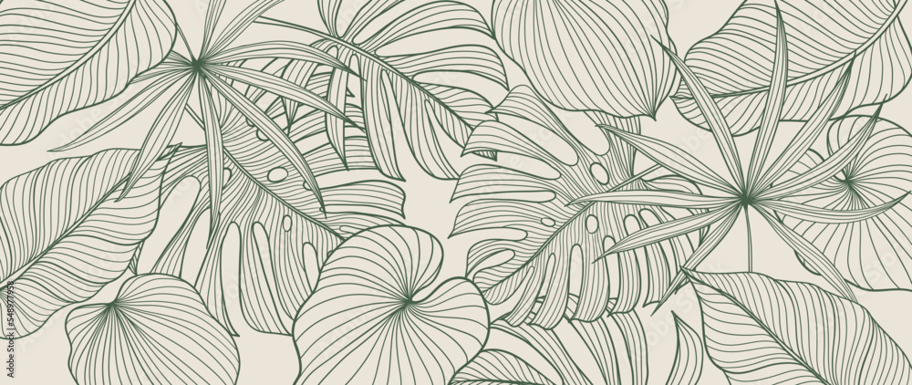 Fototapeta premium Tropical foliage background vector. Elegant hand drawn tropical monstera and palm leaves line art background. Design illustration for decoration, wall decor, wallpaper, cover, banner, poster, card. 