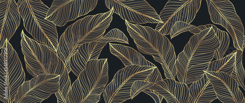 Luxury tropical leaves line art background vector. Elegant hand drawn tropical foliage gold line art background. Design illustration for decoration, wall decor, wallpaper, cover, banner, poster, card.