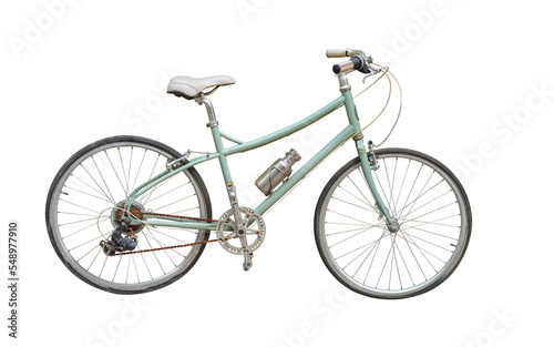 side view antique green frame bicycle and white cushion on transparent background, object, decor, transport, banner, copy space