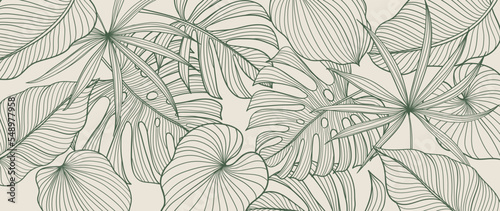 Tropical foliage background vector. Elegant hand drawn tropical monstera and palm leaves line art background. Design illustration for decoration, wall decor, wallpaper, cover, banner, poster, card. 