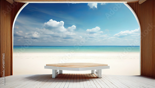 wooden product podium display for luxury summer product presentation, beautiful sandy beach and clear blue sky in the background