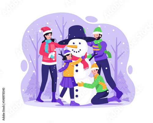 Happy Family having fun at the Christmas holiday celebration. Mother father and their children are building a snowman outdoors in winter. Vector illustration in flat style © agny_illustration
