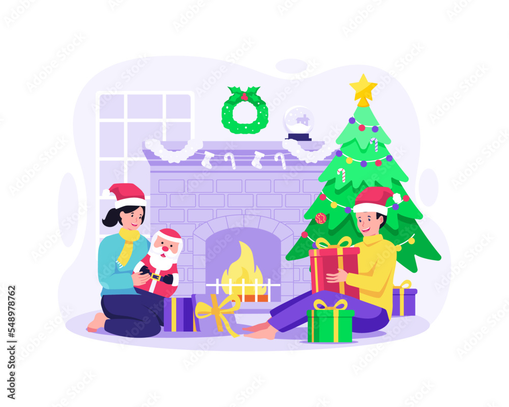 Two little kids are opening Christmas gifts near a warm cozy fireplace and Christmas tree. Merry Christmas and Happy New Year. Vector illustration in flat style