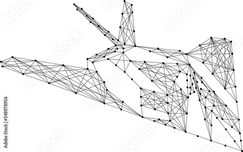Aircraft, tactical attack fighter stealth from abstract futuristic polygonal black lines and dots. Low poly concept. Vector illustration.