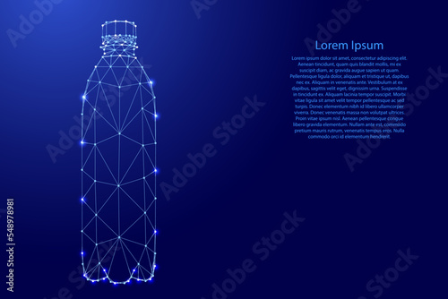 Water bottle, aqua liquid plastic package, clean natural artesian drinking, from futuristic polygonal blue lines and glowing stars for banner, poster, greeting card. Low poly concept.