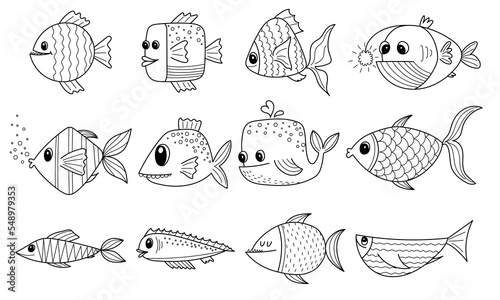 Set of hand drawn outline comic fish. Cute funny abstract fish for children coloring book. Vector black and white illustration isolated on white background.