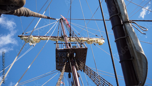 Spanish galleon mast against the blue sky