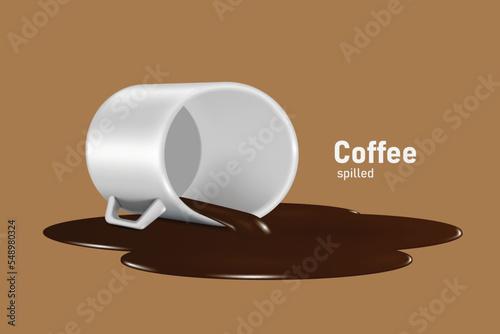 liquid hot coffee was poured and spilled from the ceramic cup onto the floor