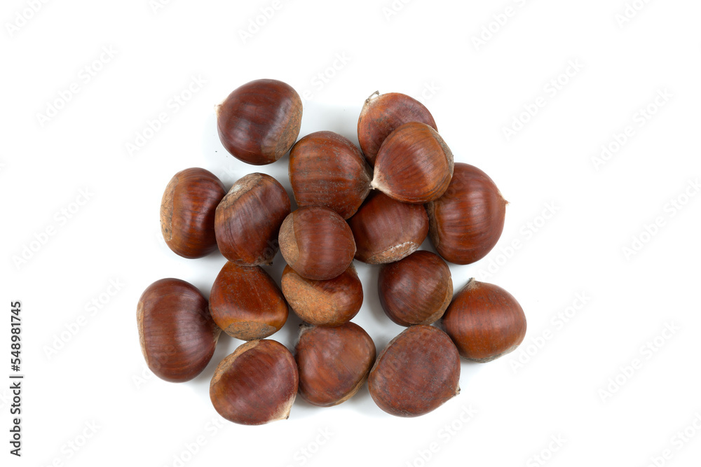 Chestnuts- Edible fruit of the chestnut tree on whhite background Chestnuts- Edible fruit of the chestnut tree on whhite background