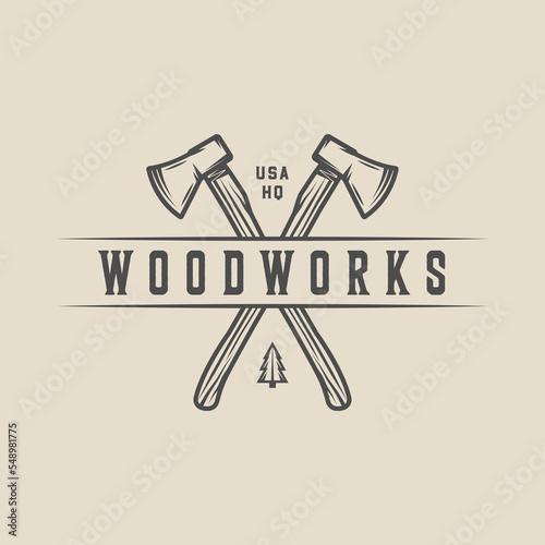 Vintage retro woodwork carpentry mechanic emblem, logo, badge, label. mark, poster or print. Monochrome Graphic Art. Vector Illustration.