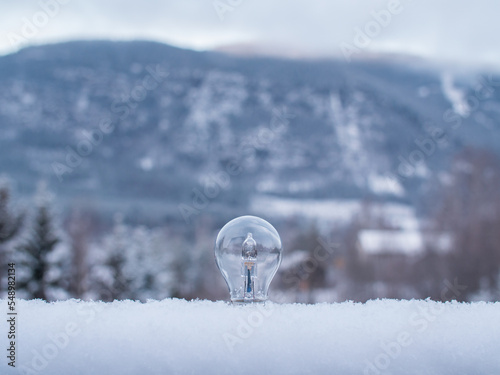 Light bulb sticking up from soft snow with a snowy mountain and trees in the background