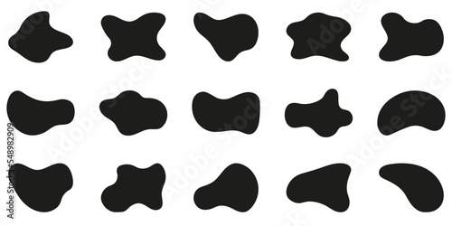 Free Form Abstract Black Silhouette Set on White Background. Irregular Random Minimal Blob Form. Asymmetric Blotch, Stain, Spot, Splodge Collection. Isolated Vector Illustration