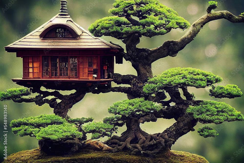 fantasy japanese tree house in a bonsai tree peaceful garden in the