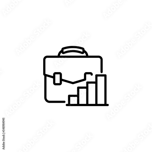 Diplomat and chart line icon. Diagram, chart, figure, graph, plan, attache case, income, revenue, earnings, proceeds, profit, emolument. Business concept. Vector black line icon.