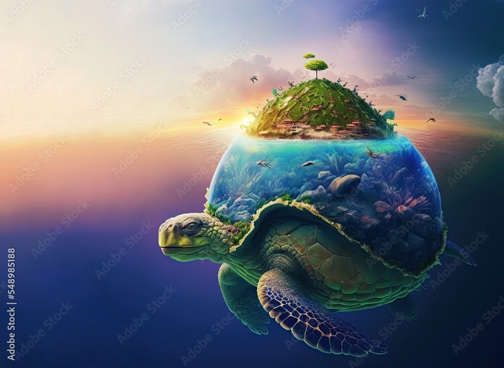 Fototapeta premium Tropical island with palm trees and a paradise beach, floating in the sea, made on the shell of giant green turtle swimming underwater. Background with copy space