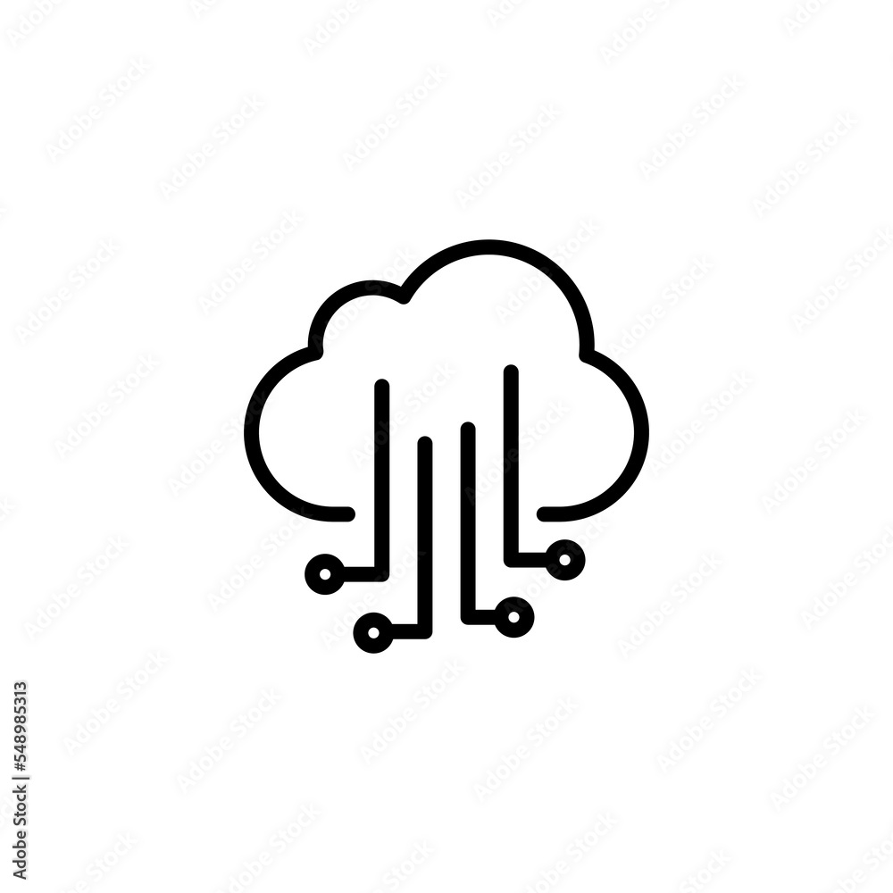 Cloud line icon. Cloud storage, exchange, neural network, data store, database, remote access, cloud service, artificial intelligence. Safety concept. Vector black line icon on a white background. Cloud line icon. Cloud storage, exchange, neural network, data store, database, remote access, cloud service, artificial intelligence. Safety concept. Vector black line icon on a white background.