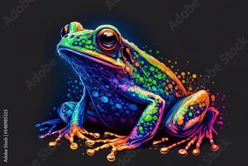 A neon, abstract portrait of a frog on a dark blue backdrop, painted in the manner of watercolor.