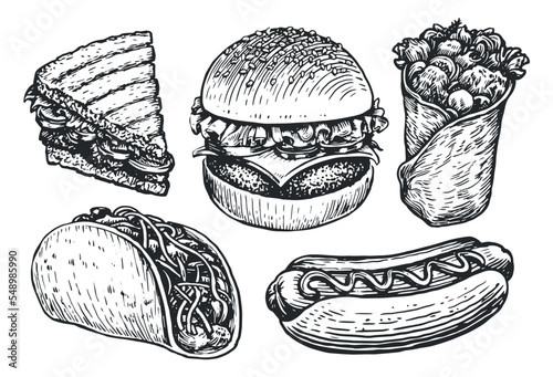 Fast Food set sketch. Burger, hot dog, burrito, sandwich, tacos. Street food, takeaway concept vector illustration photo