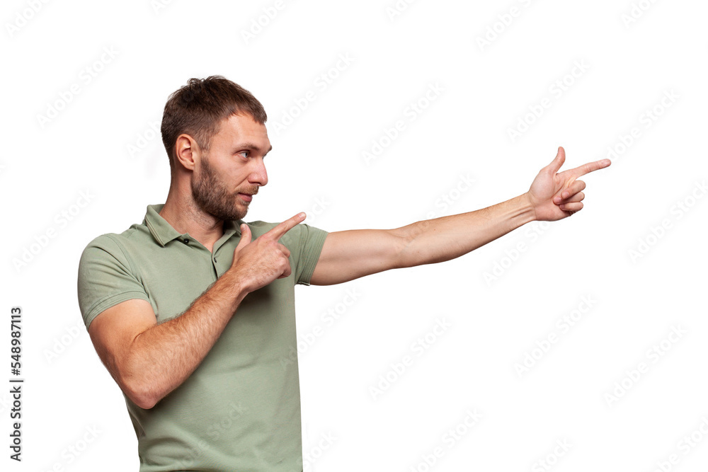Confident adult man in green t-shirt pointing right isolated on white Confident adult man in green t-shirt pointing right isolated on white