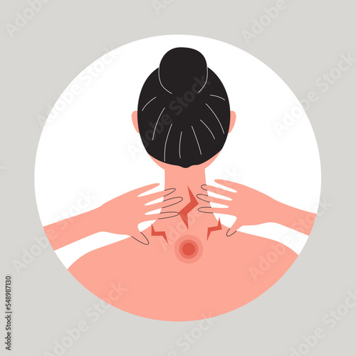 Young woman suffering from muscle tension. Female with office syndrom or tech neck problem. Back view of woman pressing her neck and shoulder. Flat vector medical illustration