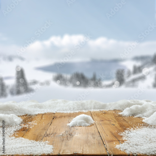 Desk of free space cover of snow and ladnscape of mountains.  © magdal3na