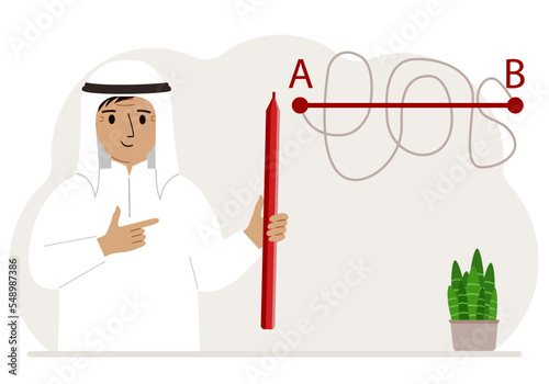 A man with a red pencil in his hand. A line is drawn from point A to point B, a straight and difficult path, the shortest distance to the goal, an easy or short path to success in business and life.