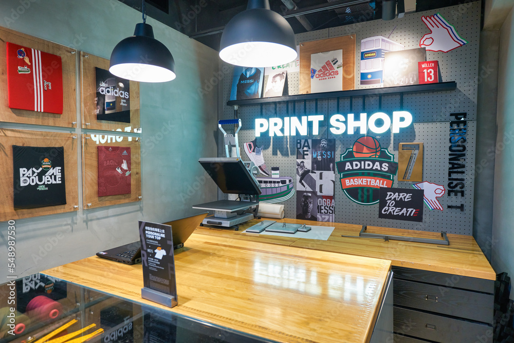 HONG KONG - CIRCA DECEMBER, 2019: Adidas print shop area as seen at the  store in Hong Kong. Stock Photo | Adobe Stock