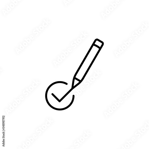 Map line icon. Hand, card, tick, vote, score, pencil, poll, election, approval, choice, decision, position. Communication concept. Vector black line icon on white background