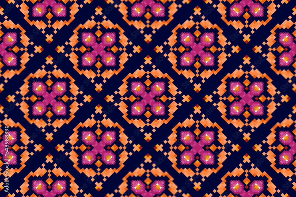 Aztec fabric carpet boho textile decoration wallpaper. Ikat pixel ethnic seamless pattern design. Tribal native motif ornaments traditional embroidery vector background 