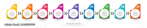 Vector concept infographics with 9 circles and symbols. Modern business graphic template with nine steps and arrows. Process timeline for the business project on white background