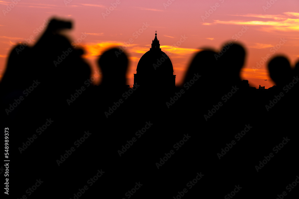 Rome, Italy- November 2022: Romantic sunset view from Villa Borghese terrace Rome, Italy- November 2022: Romantic sunset view from Villa Borghese terrace