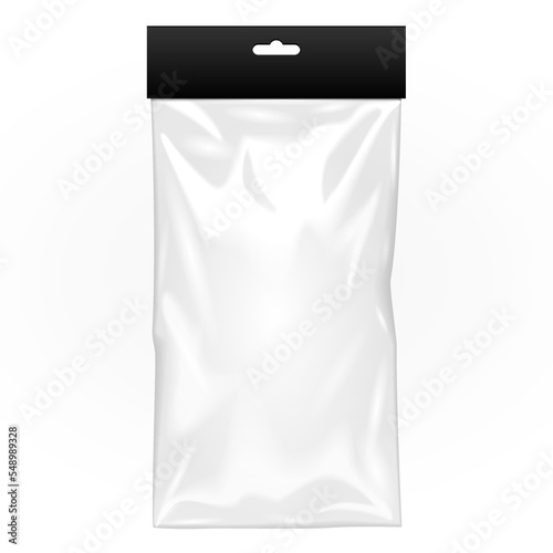 Mockup Black Blank Plastic Pocket Bag With Shadow. Transparent. With Hang Slot. Illustration Isolated On White Background. Mock Up Template Ready For Your Design. Vector EPS10
