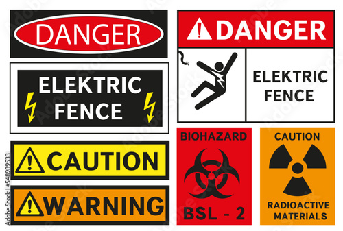 Hazardous materials vector signs. Warning signs of the Globally Harmonized System. All classes. Isolated danger board.