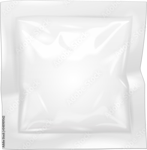 Mockup Blank Filled Retort Foil Flexible Pouch Bag Packaging. For Condoms, Medicine Drugs Or Food Product. Illustration Isolated On White Background. Mock Up Template Ready For Your Design.