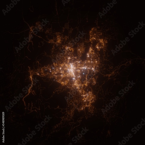 Reno (Nevada, USA) street lights map. Satellite view on modern city at night. Imitation of aerial view on roads network. 3d render