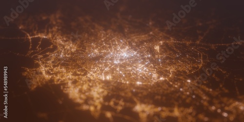 Street lights map of Tashkent (Uzbekistan) with tilt-shift effect, view from west. Imitation of macro shot with blurred background. 3d render, selective focus