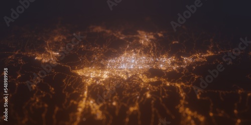 Street lights map of San Salvador with tilt-shift effect, view from south. Imitation of macro shot with blurred background. 3d render, selective focus