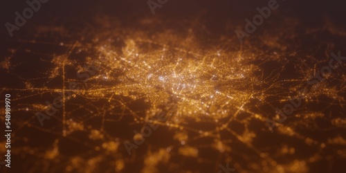 Street lights map of Sofia (Bulgaria) with tilt-shift effect, view from north. Imitation of macro shot with blurred background. 3d render, selective focus
