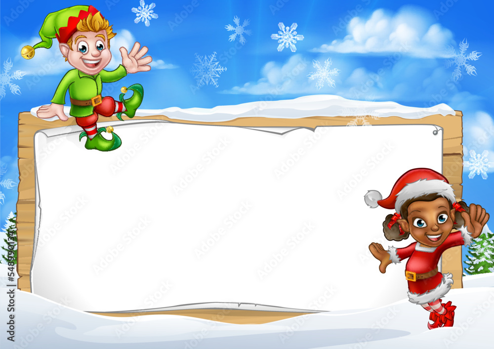 A Christmas Santas elf sign background cartoon border with two of Santa Claus elves in a winter