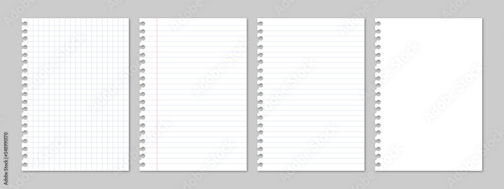 Realistic lined note paper. Blank gridded notebook papers for homework and exercises. Vector pads paper from a workbook with shadow