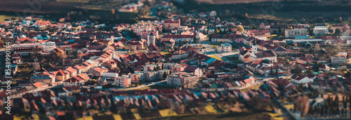 Panorama of a small old European town  many small houses  tilt-shift effect
