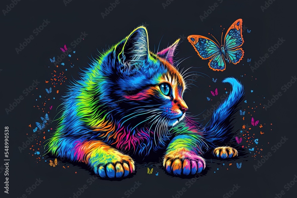Εκτύπωση καμβά Pop art-style portrait of a kitten playing with a butterfly in neon colors on a dark blue background