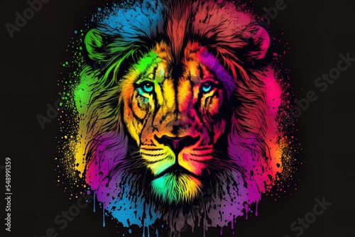 Lion. Abstract, multi colored, neon portrait of a lion's head on a on a black background with splashes of watercolor in pop art style. Digital graphics.