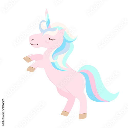 cute rainbow pink unicorn jumps and smiles  multicolored mane and tail