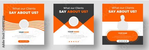 Customer feedback testimonial social media post web banner template. client testimonials social media post web banner design template with orange color