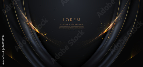 Abstact 3d luxury black curve with border golden curve lines elegant and lighting effect on black background.