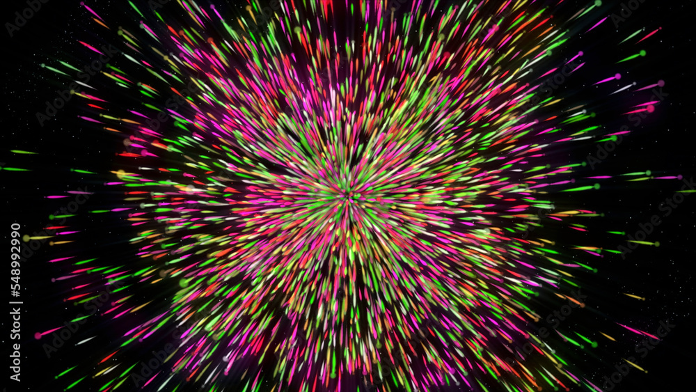 Fototapeta premium Hyperspace jump through the stars to a distant space. Motion. Traveling through star fields flying extremely fast, jumping through a wormhole to the end of tunnel in space.