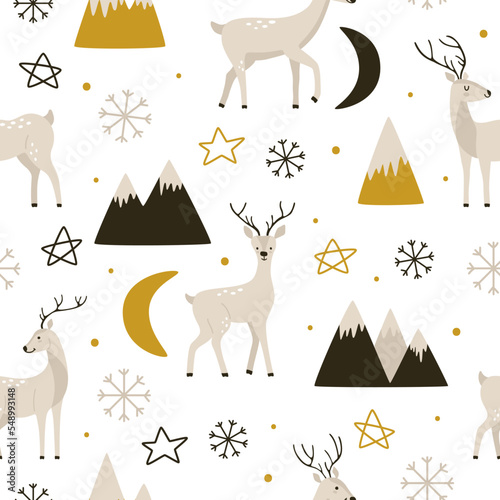 Cute characters deer with mountains and abstract decor in cartoon style. Seamless vector pattern with wild animals and stars for wallpaper or wrapping paper for New Year and Christmas winter holidays