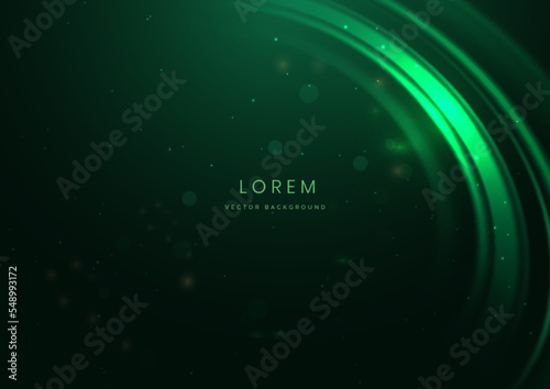 Abstract technology futuristic neon curved glowing green light lines with speed motion blur effect on dark green background.