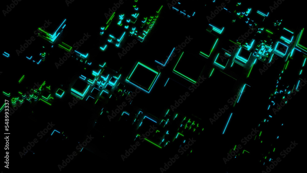 Dark background. Design.Bright illumination of green and blue shades that are highlighted in the animation.